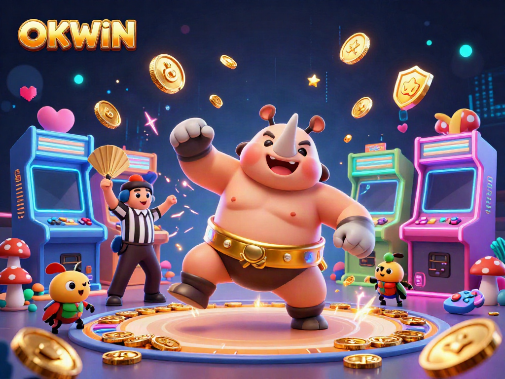 Experience thrilling gameplay at OKWIN with a 3D cartoon rhinoceros beetle champion amidst coins and arcade games.