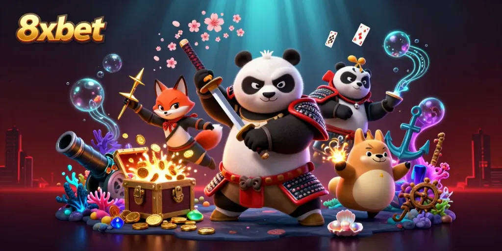 Experience thrilling gameplay at 8xbet with samurai panda and ninja fox in a whimsical gambling scene.