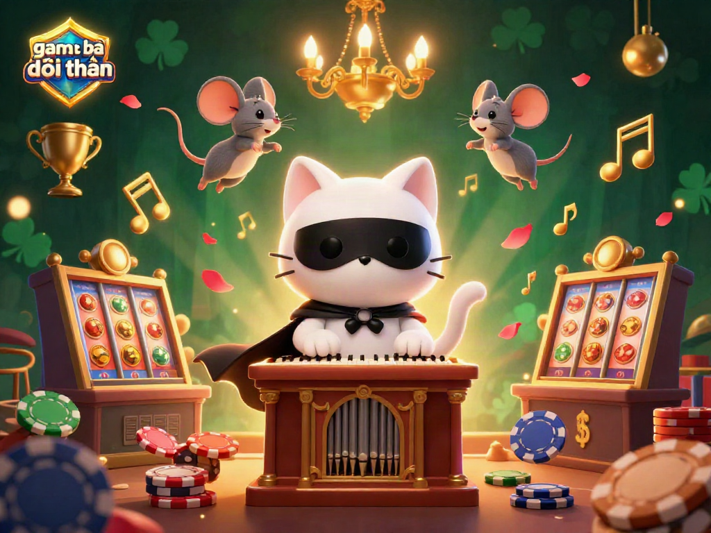 Experience the thrill of game bài đổi thưởng with a captivating casino scene featuring a phantom cat, musical elements, and dynamic game icons.