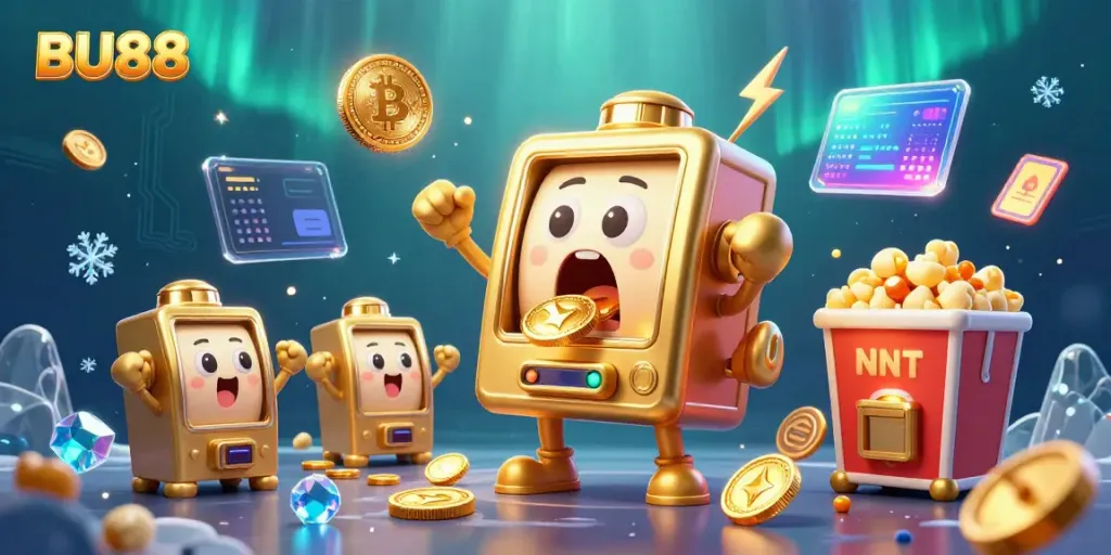 Watch as BU88's golden slot machine hits a massive jackpot in this dynamic casino scene!