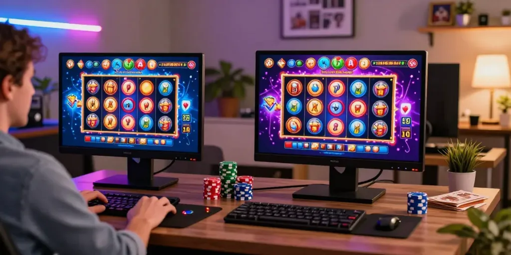 Excited player engaging with slot games on a vibrant online casino interface.