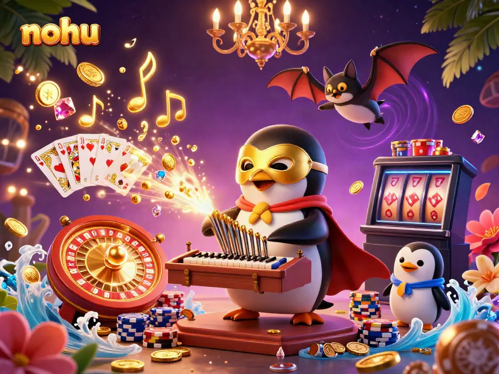 Experience the thrill of nohu gaming with a 3D illustration of a penguin organist surrounded by vibrant casino elements.