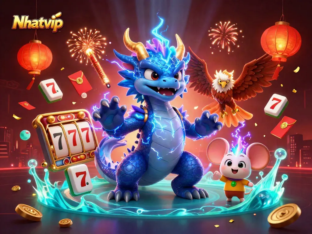 Nhatvip casino illustration showcasing a powerful dragon, hawk, and mouse amidst vibrant gambling themes.