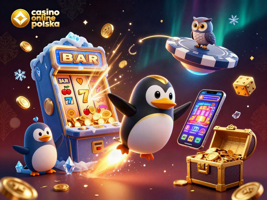 Experience casino online polska with a golden penguin spaceship surrounded by jackpot elements and sparkling effects.