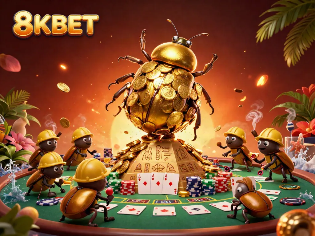 Experience the captivating 8KBET casino atmosphere with golden coins and vibrant poker elements.