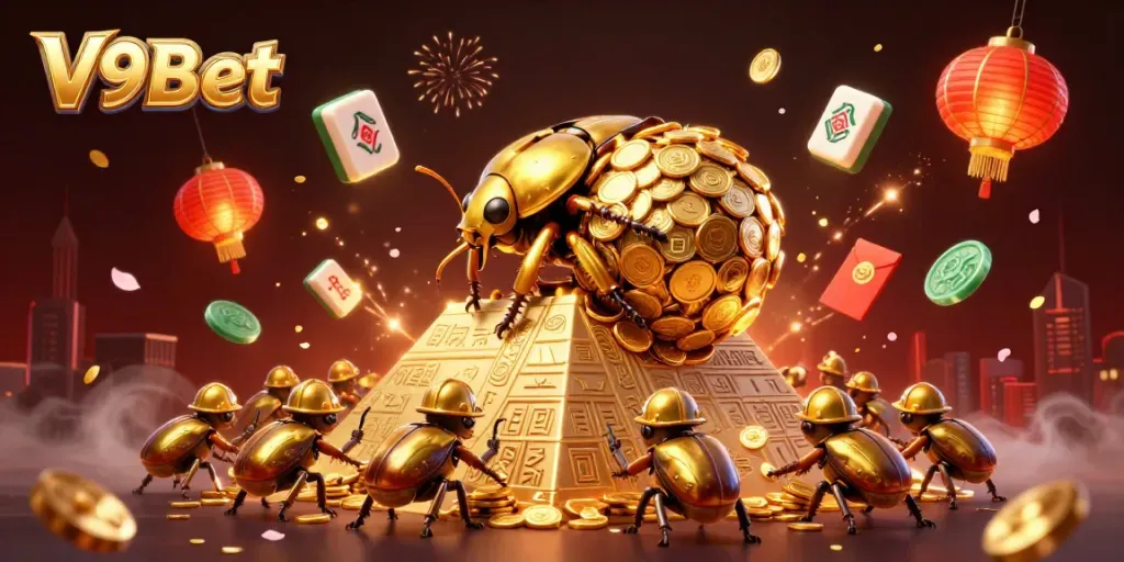 Experience the vibrant world of V9Bet with a golden dung beetle rolling coins in a dynamic casino scene.