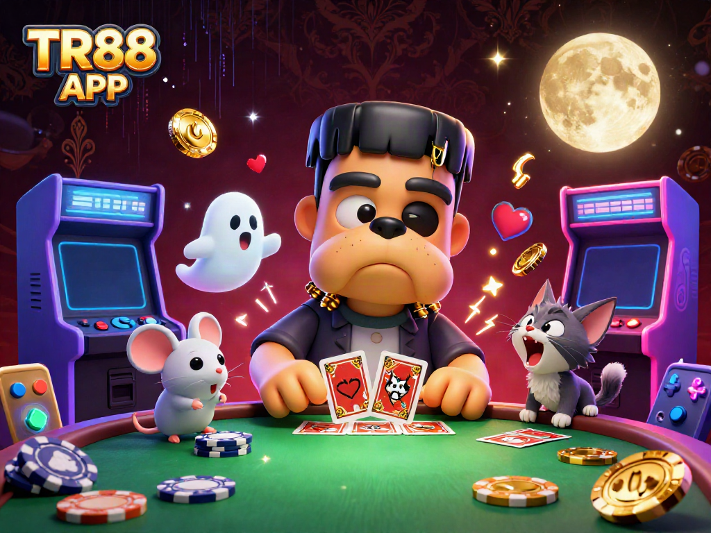 Experience the excitement of poker with the TR88 APP, featuring cartoon characters in a thrilling casino scene.