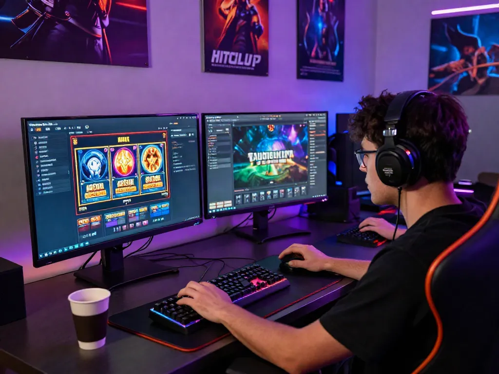 Engaging online gaming scene featuring HITCLUB interface with dual monitors and colorful LED lighting, showcasing vibrant gaming culture.