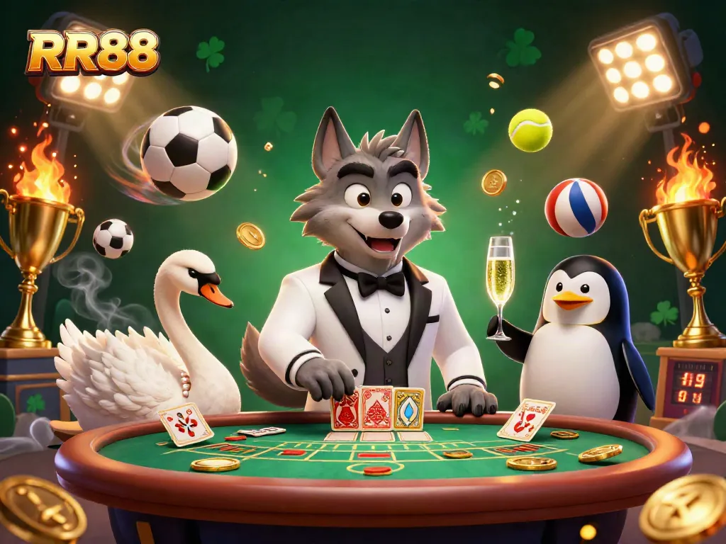 Experience the excitement of RR88 with a dynamic casino scene featuring a baccarat table and sophisticated characters.