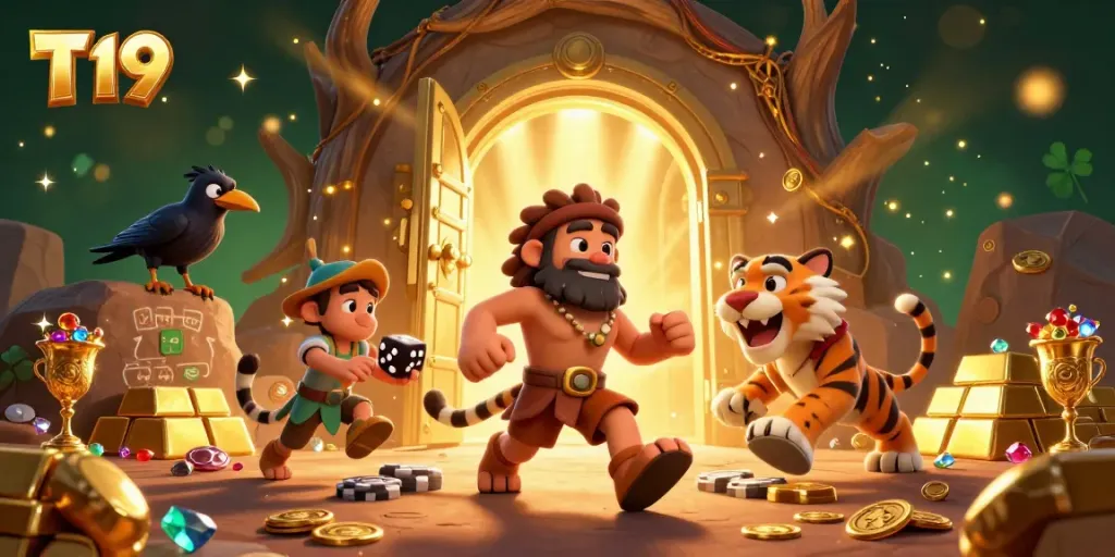 T19 captivates players with a vibrant 3D casino featuring characters in a prehistoric setting.