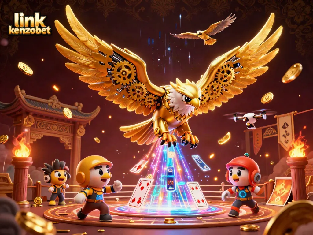 Catch the excitement with link kenzobet as the golden eagle dives through holographic cards in a vivid gambling-themed scene.