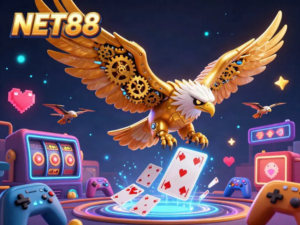 Experience thrilling gaming action at NET88 with a dynamic illustration of cybernetic eagles and vibrant casino elements.