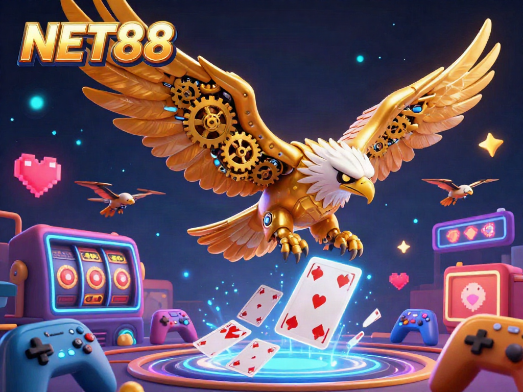 Experience thrilling gaming action at NET88 with a dynamic illustration of cybernetic eagles and vibrant casino elements.