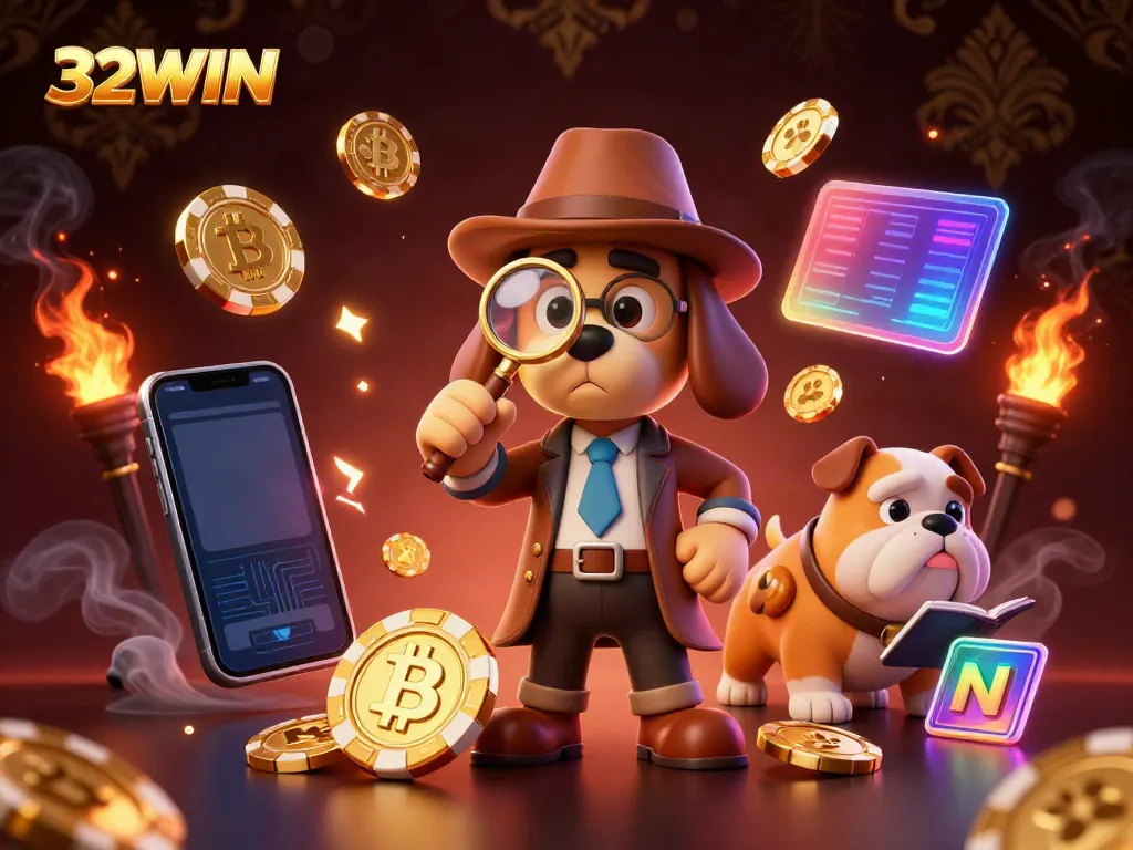 Engage in thrilling gameplay with 32WIN's vibrant casino scene highlighting a detective and clues