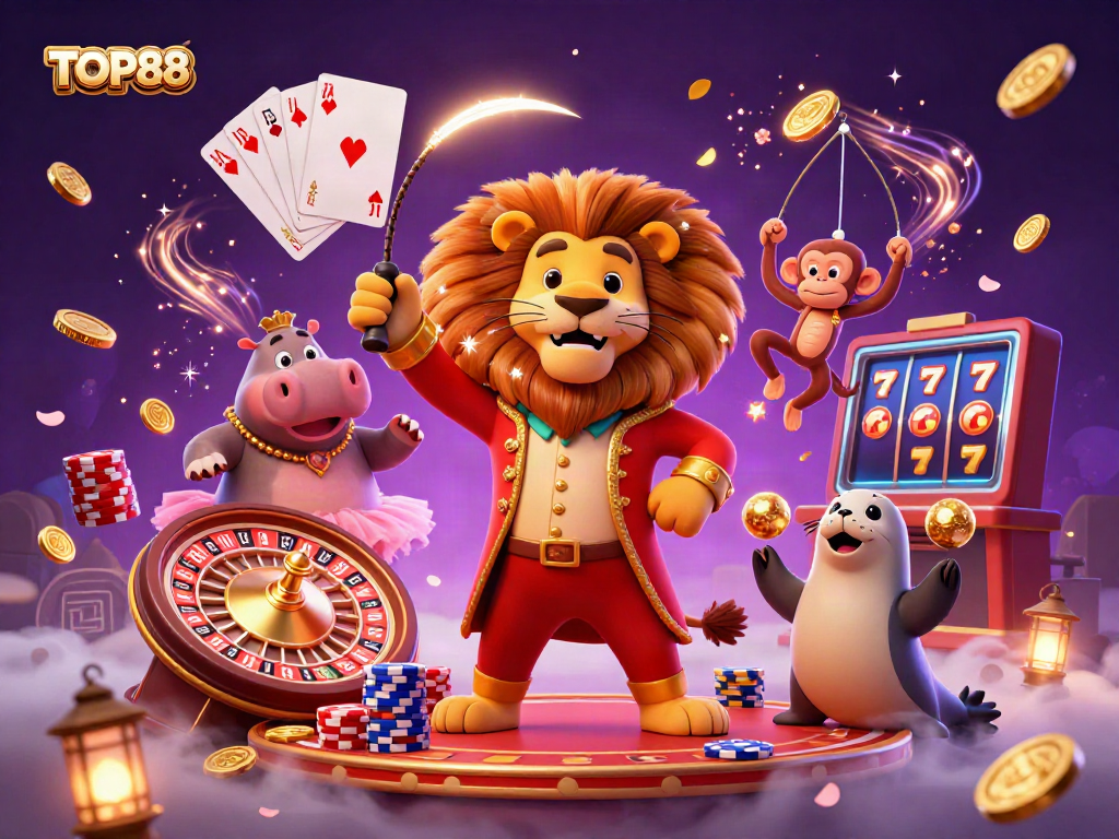 Experience the excitement of TOP88 with vibrant 3D characters, casino elements, and dynamic lights.