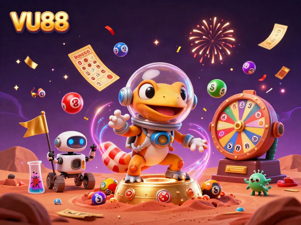 VU88's Martian gecko explores a golden casino as vibrant lottery balls and confetti surround it.