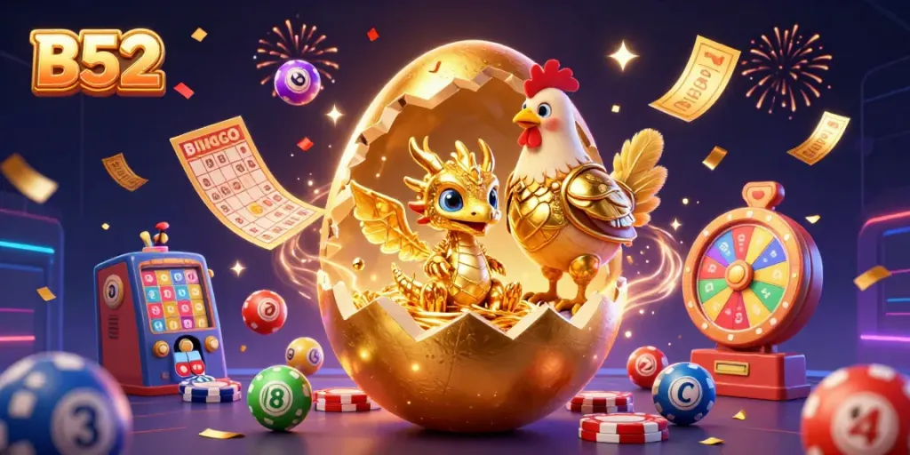 B52 showcases vibrant gaming with a dragon, poker chips, and colorful lottery elements in a dynamic casino setting.