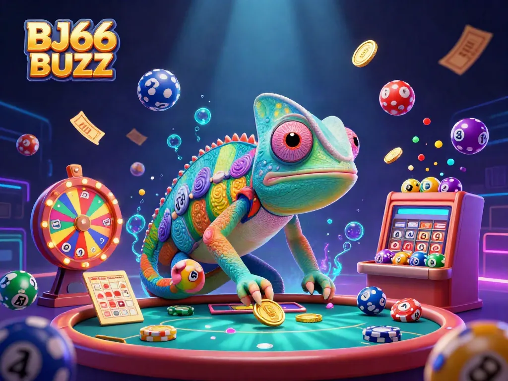 Experience the excitement of BJ66 BUZZ with a vibrant 3D chameleon casino owner amidst colorful gaming elements.
