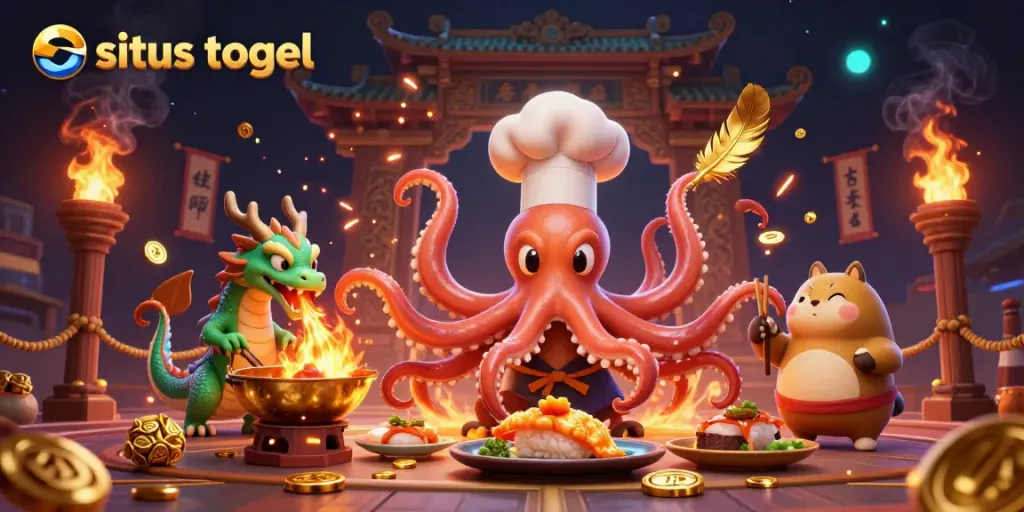 Experience situs togel excitement with a dynamic scene featuring a sushi chef octopus and dragon in action.
