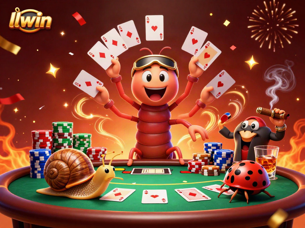 llwin dealers celebrate at a vibrant poker table with colorful chips and energy