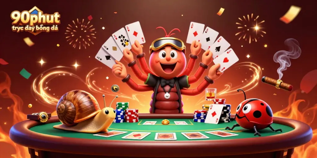Experience 90phut trực tiếp bóng đá with excitement, showcasing dynamic gambling elements and lively characters.