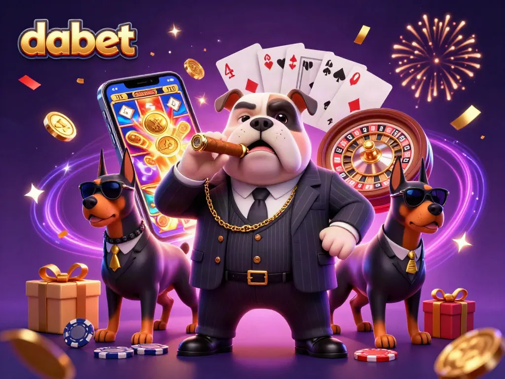 Experience vibrant gaming action with dabet featuring a mafia bulldog amidst slot games and casino elements.