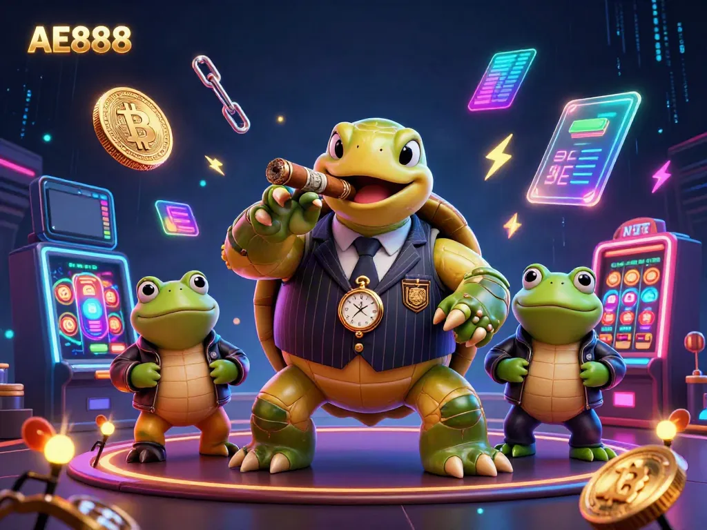 Engage with AE888's vibrant casino scene filled with animated characters and glowing crypto elements.