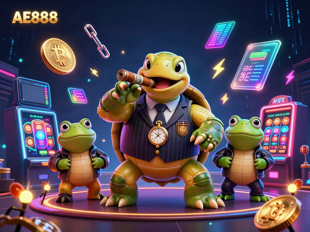 Engage with AE888's vibrant casino scene filled with animated characters and glowing crypto elements.
