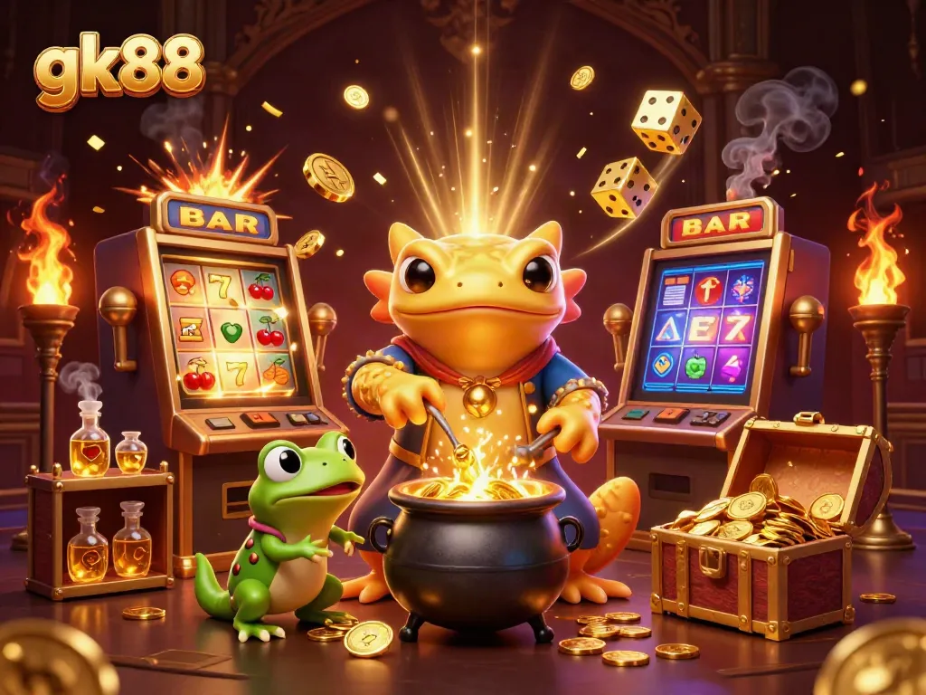 Experience captivating gameplay with gk88's vibrant casino illustration featuring gold and slot machines.