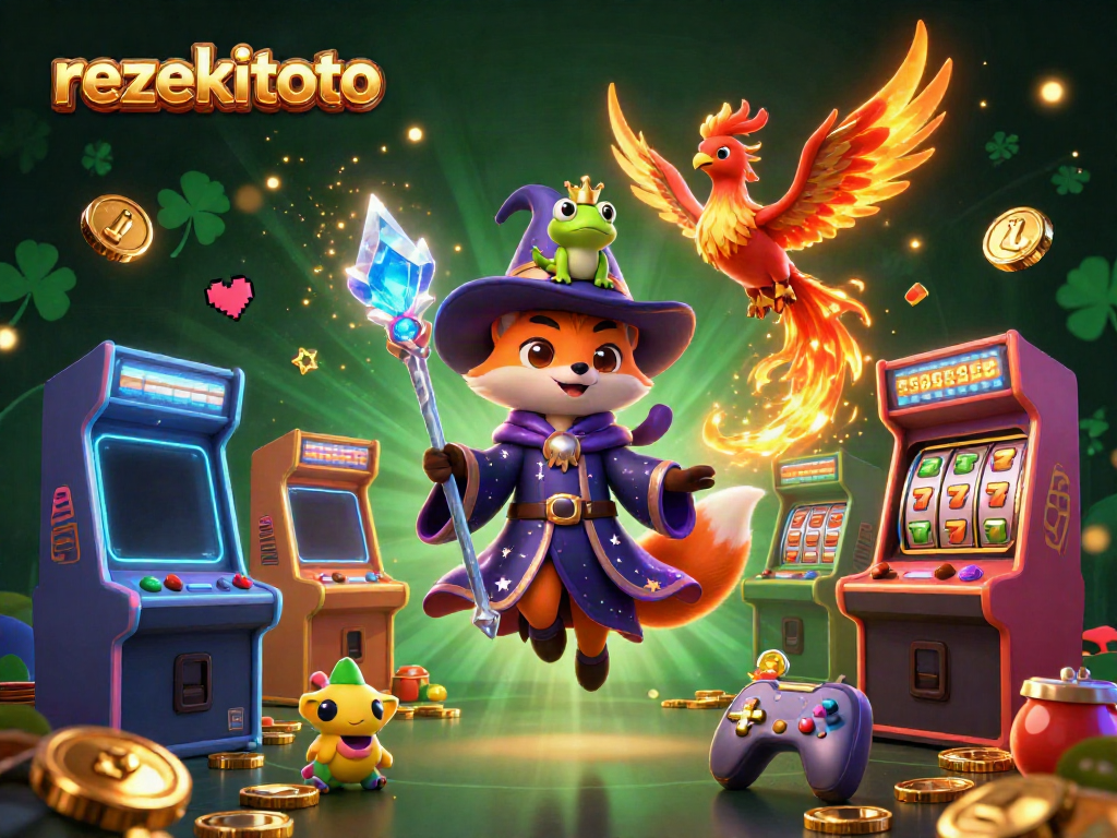 Experience slots excitement with rezekitoto, featuring a magical wizard fox, phoenix flames, and colorful gaming elements.