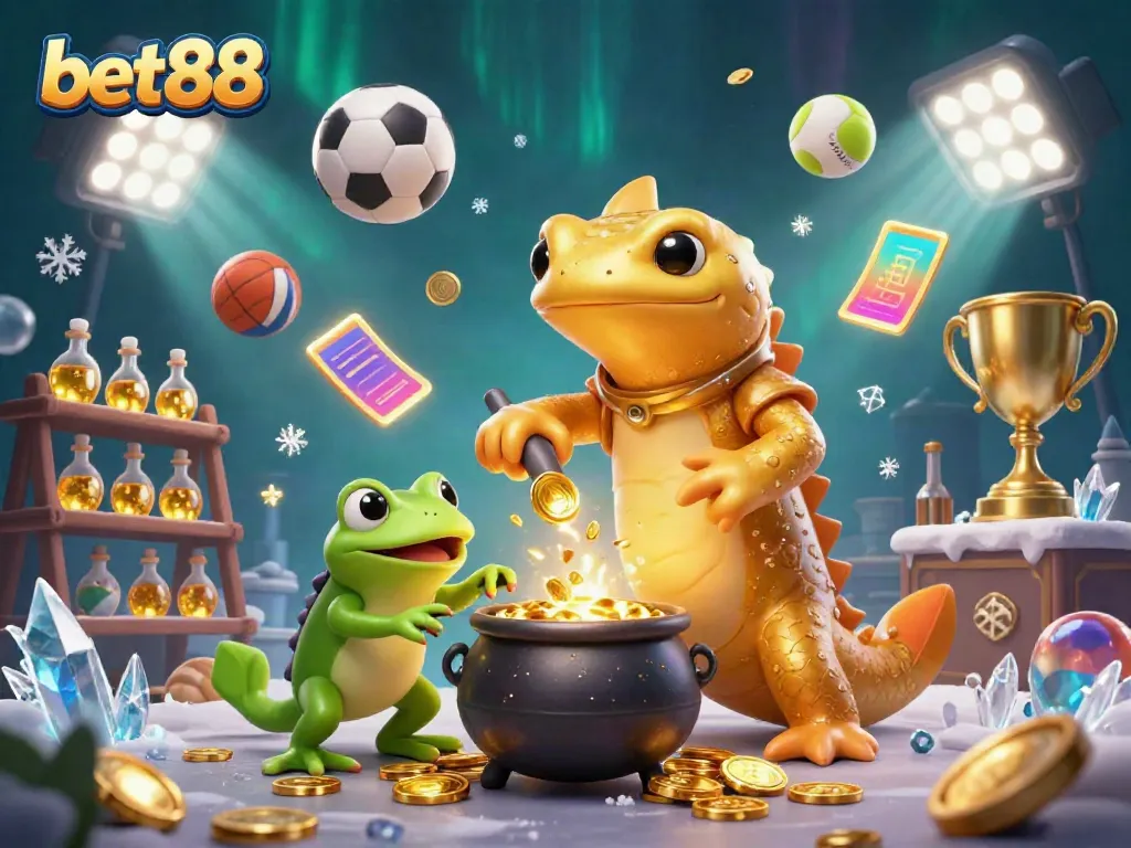 Experience thrilling gameplay at bet88 with a captivating scene of golden salamander alchemist and sports elements.