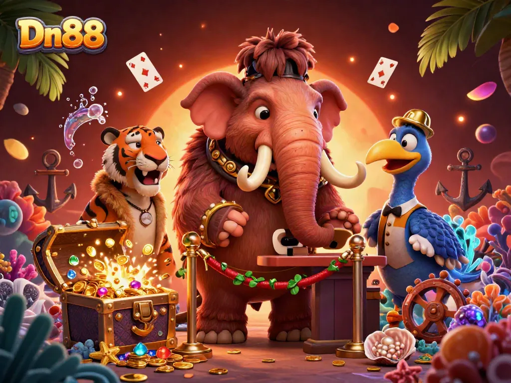 Experience thrilling casino action with Dn88, featuring a cartoon bouncer and vibrant game elements in a rich scene.