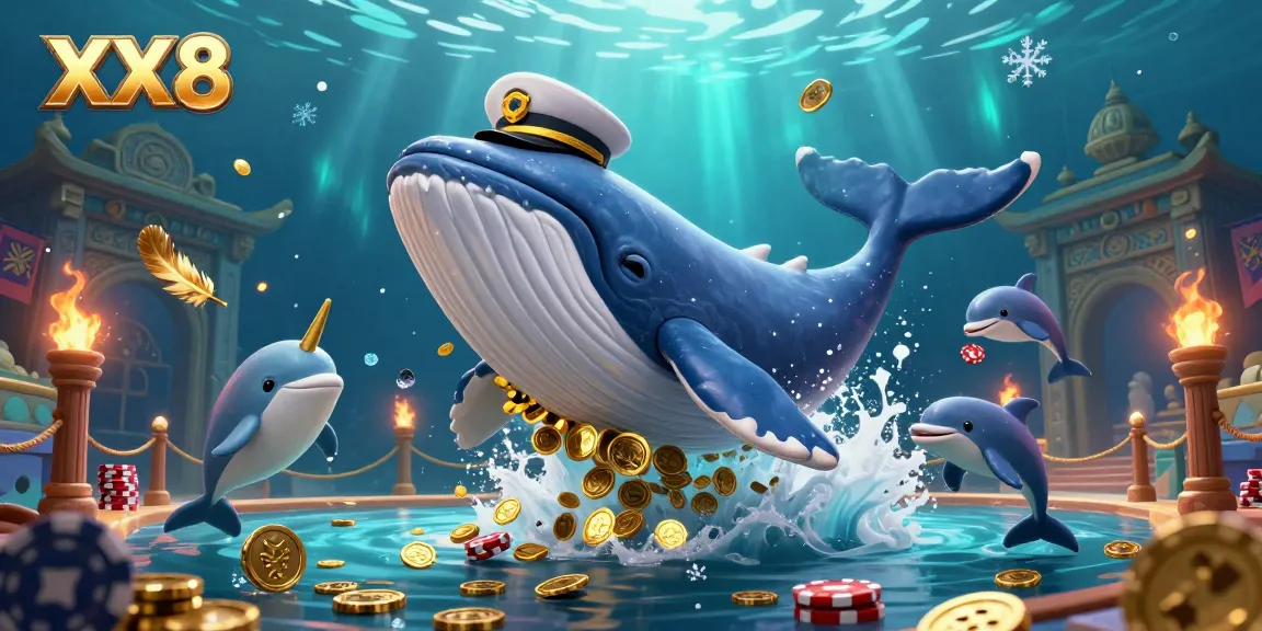 Engage with the vibrant world of XX8, featuring a giant whale breaching coins while dolphins play poker amidst golden tokens.