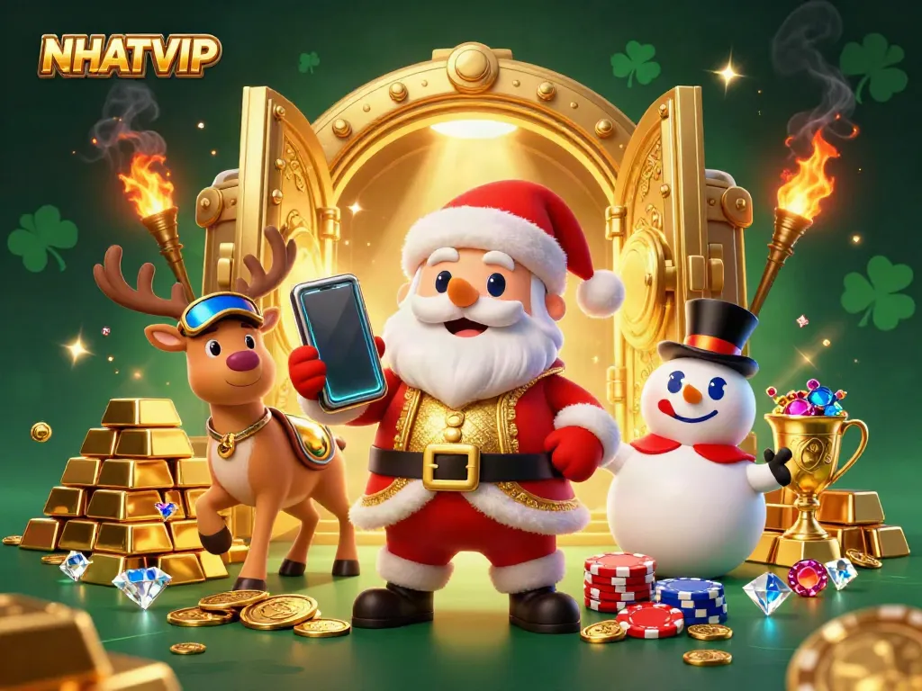 Play exciting slots at NHATVIP with friendly characters in a vibrant casino scene full of jewels and gold.
