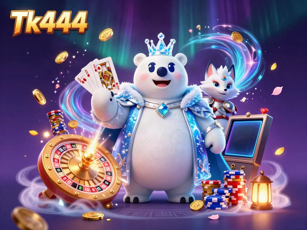 Engage with thrilling casino gameplay at Tk444 with an enchanting polar bear and fox surrounded by dazzling gaming elements.