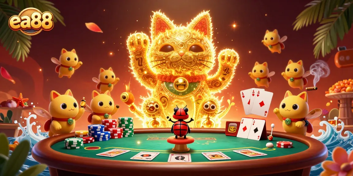 Experience the allure of ea88 with a vibrant illustration featuring a lucky cat and lively casino elements.
