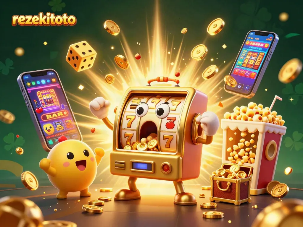 Rezekitoto energizes gameplay with vibrant visuals of jackpot slots and cheerful characters.