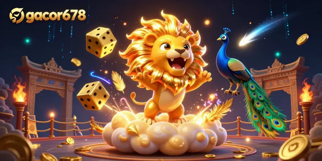 Play exciting games with gacor678, where golden dice and a roaring lion create a vibrant casino atmosphere.