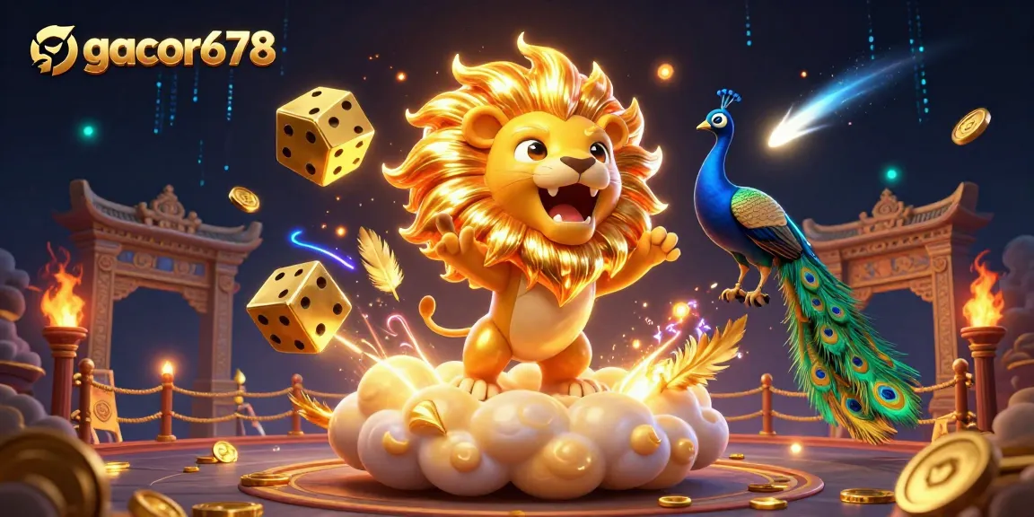 Play exciting games with gacor678, where golden dice and a roaring lion create a vibrant casino atmosphere.
