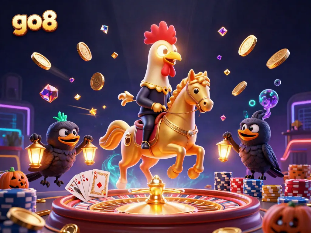 Join the casino adventure with go8 as a golden rooster and spectral horse amidst glowing elements and vibrant action.