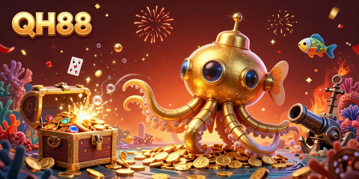 Experience thrilling moments at QH88 with a golden kraken submarine amidst golden coins and casino elements.