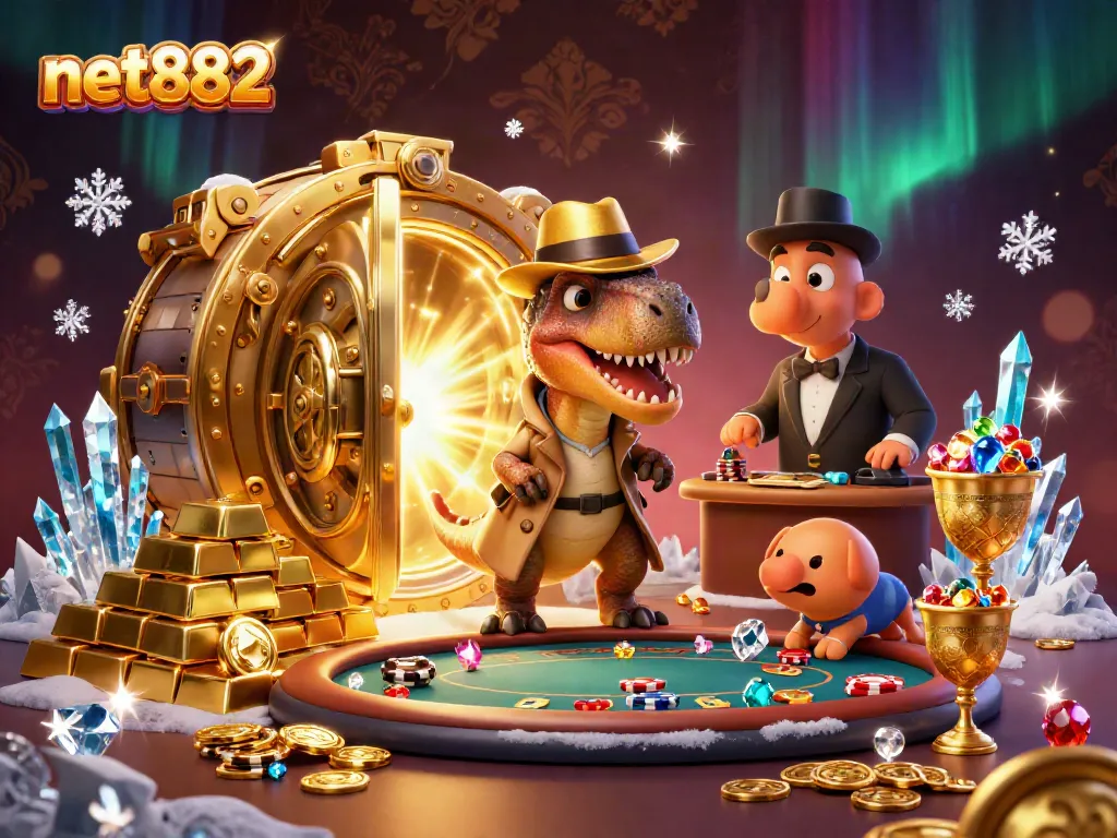 Join net882 to experience a thrilling casino adventure with unique characters at a blackjack table.