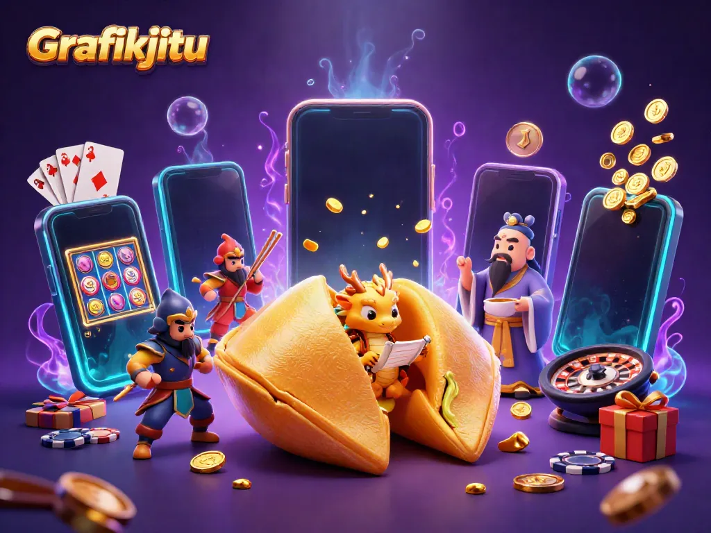 Engage with the vibrant world of Grafikjitu, showcasing 3D animated gambling elements, colorful slot games, and dynamic characters.