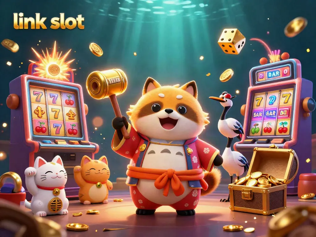 Experience high-energy link slot games with a cheerful tanuki and vibrant casino elements in a vivid 3D scene.