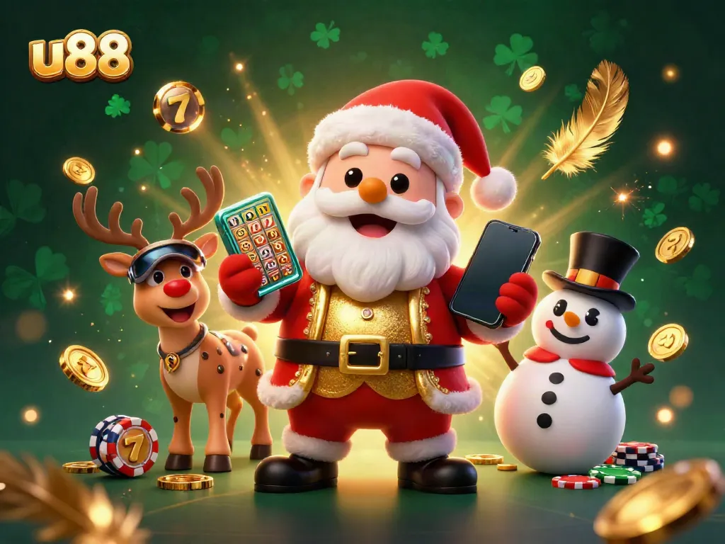 Experience excitement with u88's festive casino scene featuring Santa and friends celebrating wins.