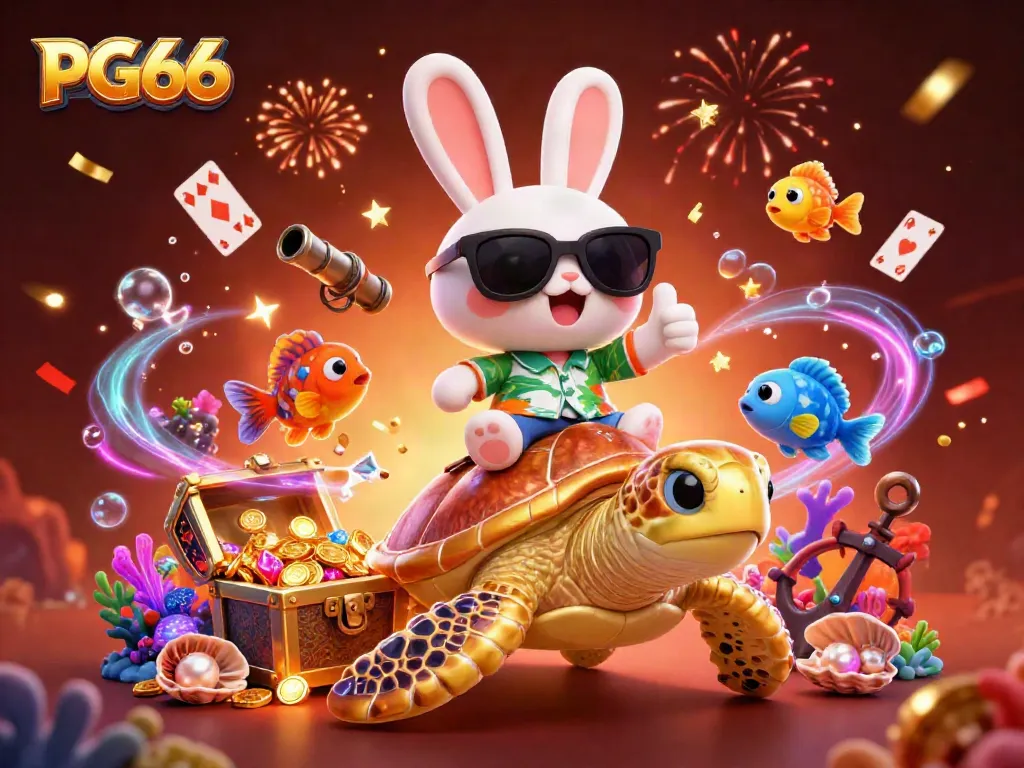 Engage with PG66, the ultimate online casino experience, highlighted by a lively rabbit and a golden turtle in a vibrant 3D scene.