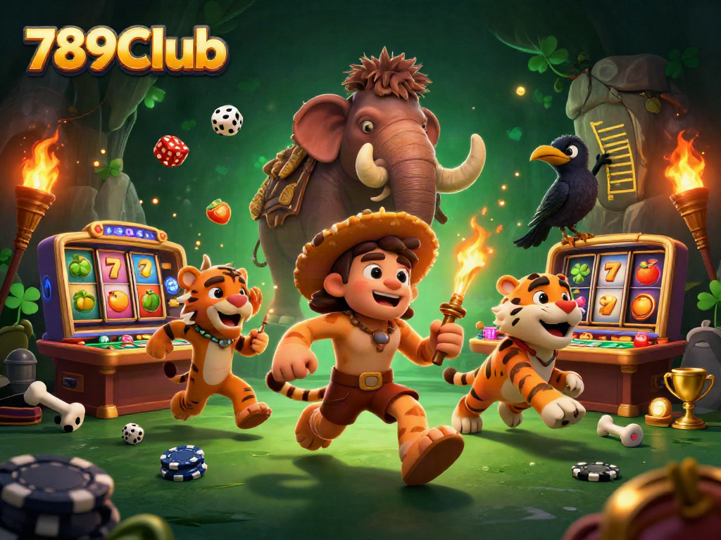 Experience the thrilling world of 789Club with a vibrant prehistoric casino scene featuring a caveman and a sabertooth tiger.