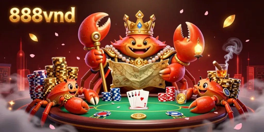 Experience the excitement of 888vnd with a lavish 3D casino scene featuring a golden crab emperor and poker elements.