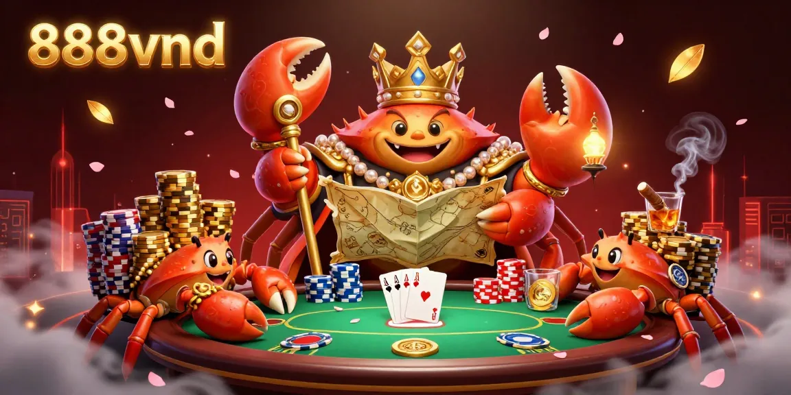 Experience the excitement of 888vnd with a lavish 3D casino scene featuring a golden crab emperor and poker elements.