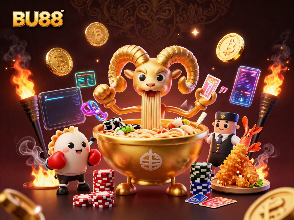 Engage with BU88's vibrant online casino scene featuring animated culinary characters and cryptocurrencies.